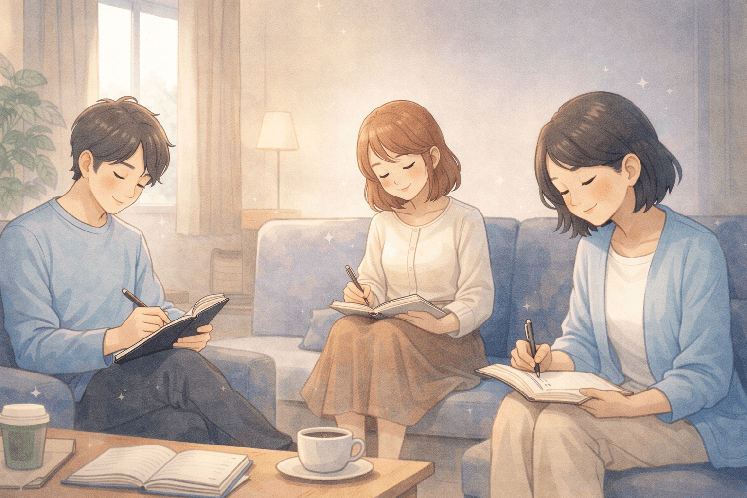 穏やかな控室でノートを書く人々のイラスト